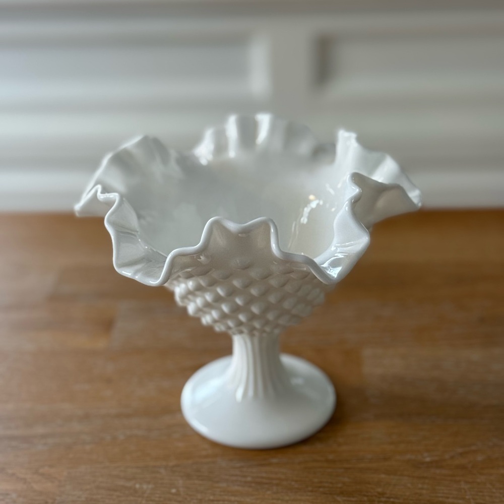 Vintage Fenton Milk Glass Hobnail Ruffled Compote Pedestal